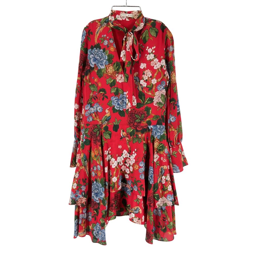 Alice And Olivia Vibrant Red Floral Tie Neck Ruffle Hem Dress Size XS - Picture 2 of 6